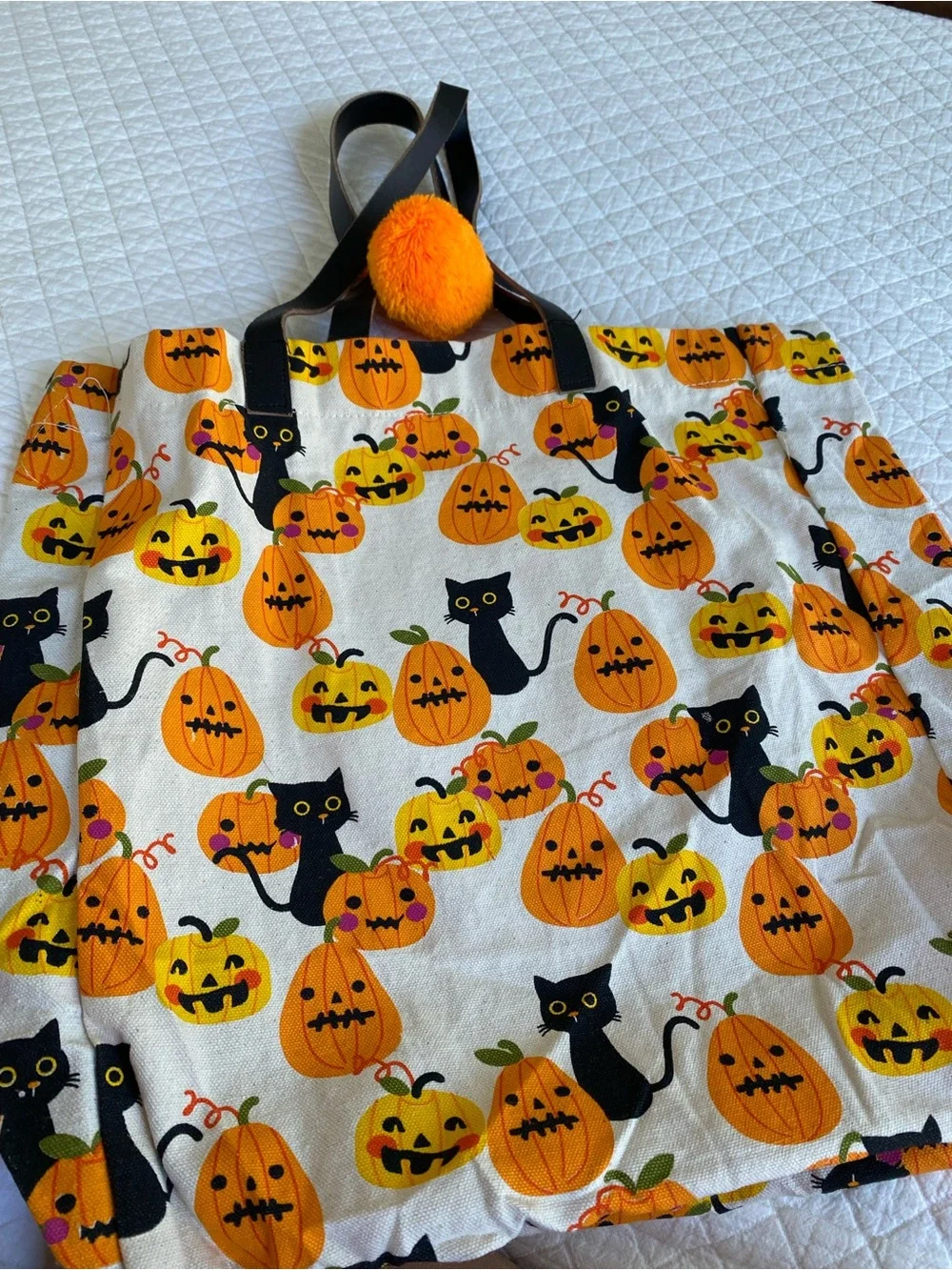 Eccolo Halloween Canvas Tote Bag Black Cat Jack O Lantern Pumpkin Pom Pom Kawaii